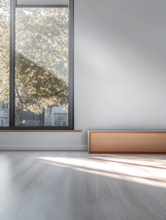 Natural light floods the spacious room through a large window illuminating the wooden floor and the minimalist decor. Outside golden autumn leaves create a picturesque view.の素材