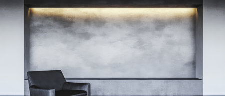 A stylish black chair is positioned in front of a textured gray wall with soft ambient lighting at the top. The design highlights simplicity and elegance in a modern space.の素材