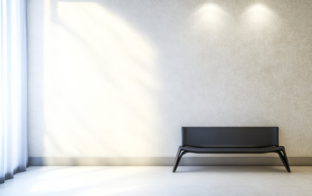 A contemporary minimalistic space features a stylish black bench against a light wall. Sunlight streams through sheer curtains creating a calm and inviting atmosphere.の素材