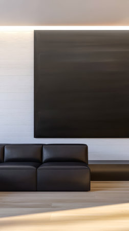 A stylish black sofa sits against a white wall complemented by a large black artwork above. The space is illuminated by natural light from nearby windows creating a serene atmosphere.の素材