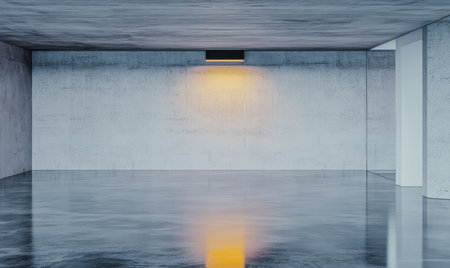 A spacious and modern room features polished concrete flooring and bare walls illuminated by a warm light above. The minimalist design creates a tranquil atmosphere with ample space.の素材