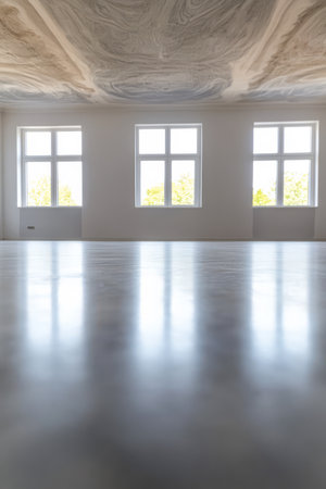 An empty room showcases a polished concrete floor reflecting daylight. Large windows illuminate the space offering views of greenery outside. The unique ceiling adds character to the environment.の素材