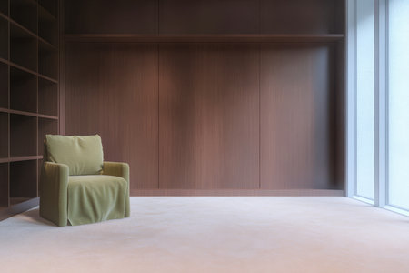 Soft light illuminates a spacious and minimalist room with a green chair covered in a blanket. Wooden shelves line the walls creating a calm and inviting atmosphere perfect for relaxation.の素材