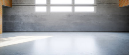 This bright interior features large windows that allow natural light to fill the area. The minimalist design includes concrete walls and a polished floor creating a spacious atmosphere.の素材