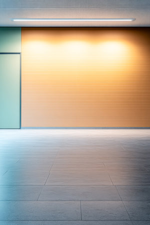 Bright and spacious area showcasing a warm orange wall with minimal decor. The softly lit environment features a clean floor and simple design conveying a contemporary atmosphere.の素材