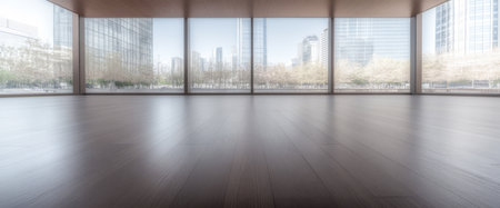 Bright airy space features polished wooden floors and expansive glass windows showcasing a bustling city skyline. Trees outside add a touch of nature to the urban atmosphere.の素材