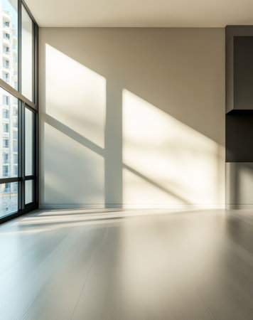 Bright sunlight streams through expansive windows casting long shadows across the polished floor of a modern empty room. The sleek design highlights the minimalist aesthetics.の素材