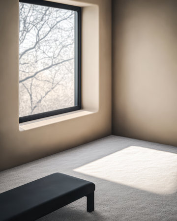 A minimalist room showcases a simple bench in front of a large window.の素材