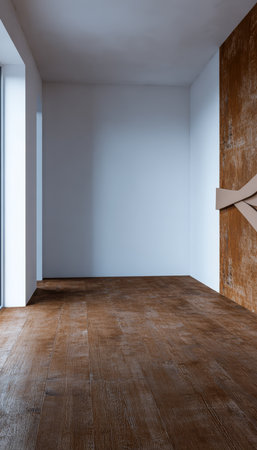 This spacious area showcases a minimalist interior design with a textured wall and warm wooden flooring. Natural light floods the room enhancing its open feel and unique design elements.の素材