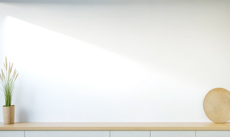 Bright sunlight streams through a window illuminating a clean minimalistic room. A simple shelf holds a potted plant and a decorative woven item emphasizing a tranquil atmosphere.の素材