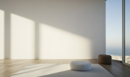 A spacious room features large windows overlooking the ocean filled with soft afternoon light. Minimalist decor includes a round cushion and a small chair inviting relaxation in tranquility.の素材