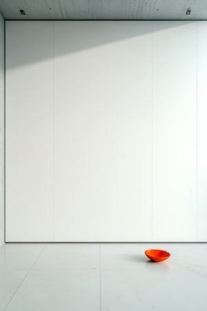 A striking orange bowl is positioned on a plain white floor set against an expansive white wall in a contemporary minimalist interior. The simplicity highlights the vibrant color.の素材