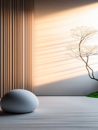 A uniquely designed room featuring a smooth rounded stone shape and a delicate tree silhouette. Soft sunlight casts gentle shadows on the walls enhancing the serene atmosphere.の素材