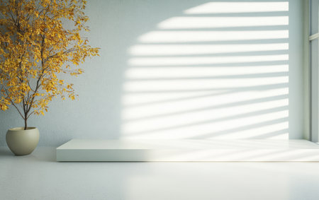 A modern indoor space features a minimalist white surface illuminated by soft natural light. An autumn-colored tree in a vase adds a touch of warmth to the serene environment.の素材