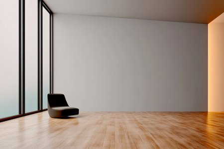 A minimalist interior showcases a spacious area with wooden flooring and large windows. Natural light floods in illuminating a simple chair placed against the wall creating a serene atmosphere.の素材