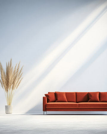 A stylish living room showcases a vibrant orange sofa paired with a tall decorative plant. Soft sunlight filters in creating an inviting atmosphere in the contemporary space.の素材
