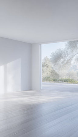Spacious minimalistic room features a large window allowing soft light to fill the space. Outside a lush green landscape enhances the feeling of openness and tranquility.の素材