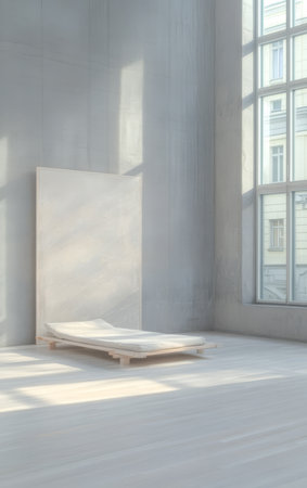 A serene bedroom features a simple wooden bed on a light wooden floor complemented by large windows allowing ample natural light to flood the space accentuating its minimalist aesthetic.の素材