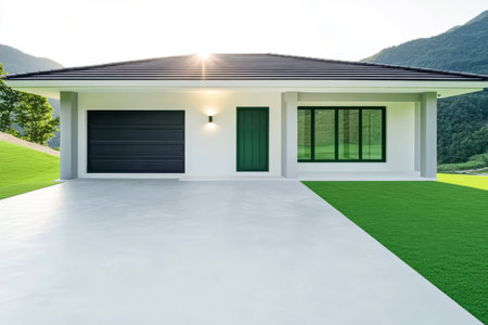 Contemporary house featuring a sleek garage and large windows set against a backdrop of lush greenery. Bright sunlight illuminates the scene enhancing the inviting atmosphere.の素材