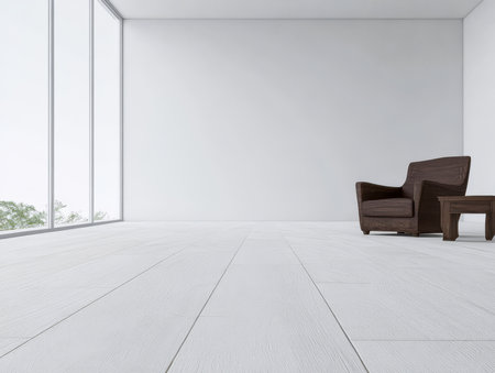 A spacious and bright living area showcases a brown armchair and matching wooden table. Large windows allow natural light to flood in enhancing the clean minimalist design.の素材