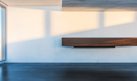 This modern interior showcases a minimalist design with clean lines and spaciousness. Sunlight streams through large windows casting shadows on the walls and dark floor.の素材