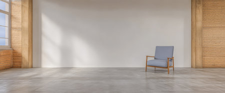 A single light blue chair rests on polished concrete flooring in a bright empty room featuring large windows and exposed brick walls. Natural light creates a warm ambiance.の素材