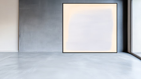 A spacious minimalist room features a large empty frame against a smooth gray wall. Natural light streams in from the large window highlighting the simplicity of the space.の素材