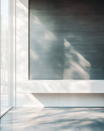 Sunlight streams through large windows creating soft shadows on a minimalistic interior. The sleek walls and floor enhance the calm atmosphere in this contemporary design environment.の素材