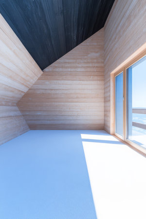 A well-lit room features geometric wooden walls and expansive windows. The minimalist aesthetic emphasizes clean lines and natural light creating a serene and open atmosphere.の素材