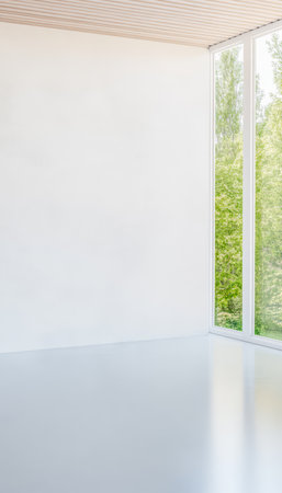 Bright and contemporary space featuring clean lines a smooth floor and expansive windows that overlook lush greenery. The room is designed to maximize natural light and openness.の素材