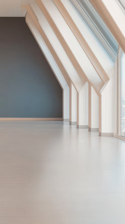 Bright and airy room adorned with slanted walls and ample natural light streaming through large windows. The minimalist design and neutral colors create a tranquil atmosphere perfect for relaxation.の素材