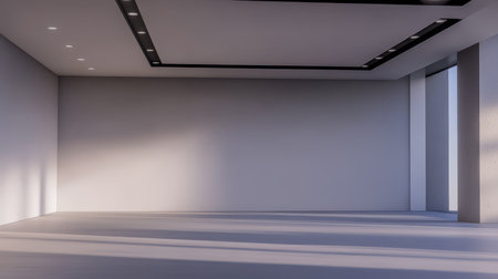 This spacious area features clean walls and a simple design illuminated by soft daylight pouring through large windows. Shadows fall gently on the floor enhancing the minimalist theme.の素材