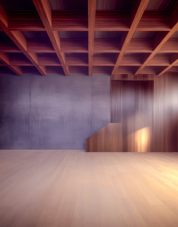 Sunlight filters through a spacious minimalistic room featuring wood beams and warm tones.の素材