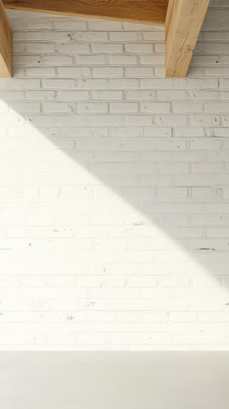 Bright sunlight pours into a contemporary room showcasing a clean white brick wall with shadows cast by wooden structures. The minimalist design creates an airy atmosphere.の素材
