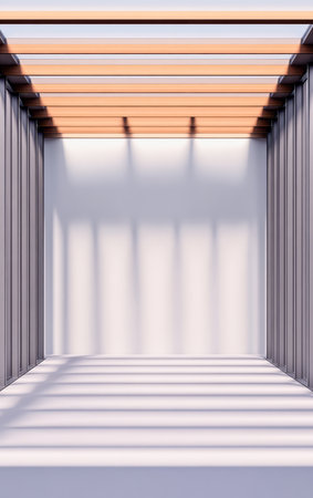 A minimalist interior features sleek gray walls and wooden beams above casting intricate shadows on a bright surface. The overall ambiance is open and inviting highlighting the architecture.の素材