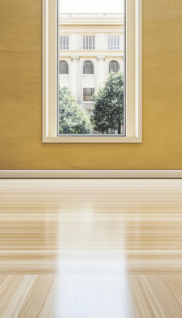 A spacious room features a smooth wooden floor and a large window that provides a stunning view of a building with classical architecture and trees outside. Natural light floods the area.の素材