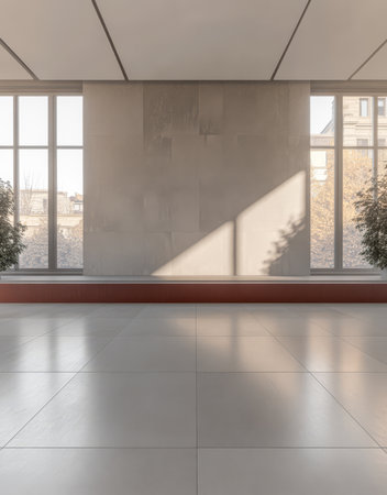 Bright room features large windows allowing natural light to illuminate the sleek minimalistic furniture and plants. The space has a warm atmosphere with a focus on design simplicity and tranquility.の素材