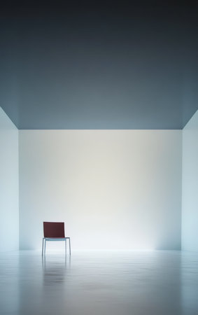 A single red chair sits alone in a spacious minimalist room characterized by white walls and smooth flooring. The soft ambient light creates a tranquil atmosphere emphasizing the chairs solitude.の素材