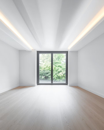 Bright and spacious interior features an empty room with clean lines and wooden flooring. A large window lets natural light in showcasing lush greenery outside enhancing the tranquil atmosphere.の素材