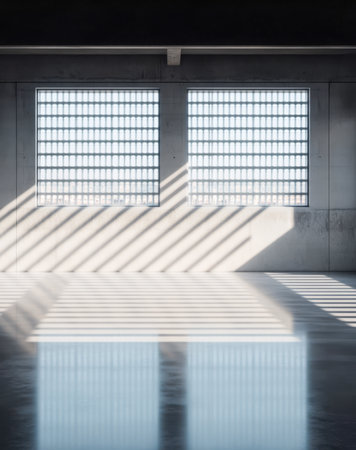 A spacious interior showcases two large grid windows allowing bright sunlight to pour in. The sunlight creates distinct geometric shadows on the polished floor enhancing the minimalist design.の素材
