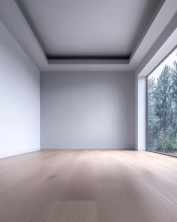 A spacious modern room features light wooden flooring and a large window that showcases a serene view of trees outside. The walls are painted in neutral colors creating a calm atmosphere.の素材