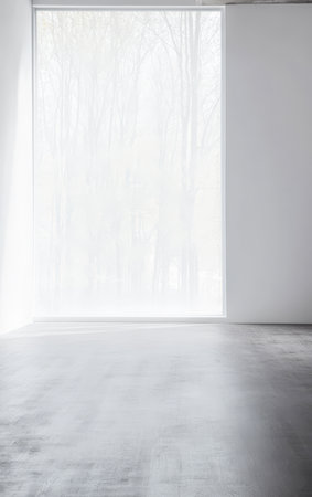 A spacious minimalistic interior features a large bright window allowing soft natural light to fill the room. The neutral color palette enhances the serene and open atmosphere.の素材