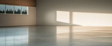 Sunlight streams through large windows casting shadows on the polished floor of a minimalist interior. The serene atmosphere is enhanced by natural light illuminating the open space.の素材