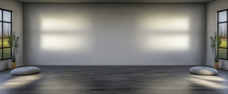 This tranquil yoga studio features large windows allowing soft natural light to fill the space.の素材