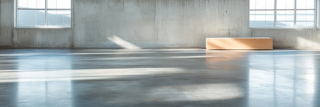 Natural light streams through large windows in a spacious industrial room. The polished concrete floor reflects soft shadows complementing the minimalist wooden bench against the wall.の素材