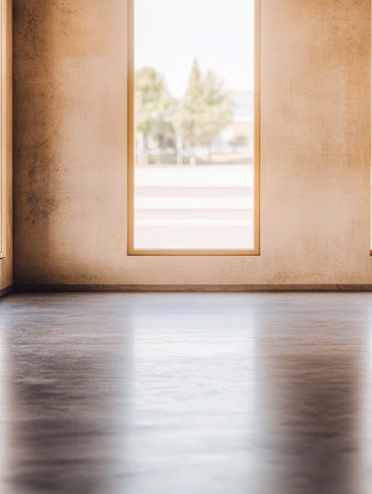 Sunlight streams through expansive windows into a serene minimalist interior with smooth floors and neutral walls. The design emphasizes simplicity and tranquility inviting relaxation.の素材