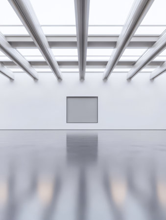 A spacious and minimalist art gallery features a blank canvas on the wall with sleek lines and polished flooring reflecting natural light from the overhead beams.の素材