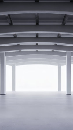 A vast open interior space showcases high ceilings supported by white pillars. Soft diffused light fills the area creating a calming and minimalistic atmosphere.の素材