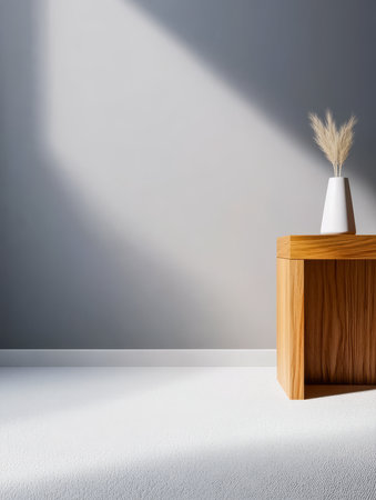A modern interior showcases minimalist design with a wooden side table beside a wall. A white vase holds dried flowers capturing natural light and creating a serene atmosphere.の素材