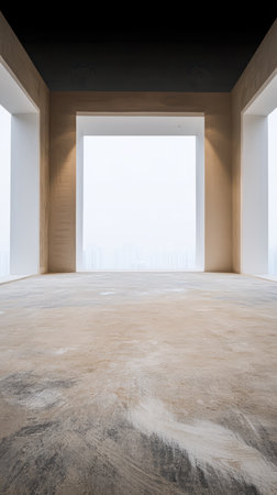 A spacious minimalist interior features large windows revealing a foggy skyline. Natural light floods the room highlighting the simple design and unfinished concrete floor.の素材
